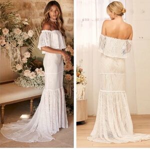 LULU'S In My Life White Lace Off-the-Shoulder Mermaid Maxi Dress sz M  Womens